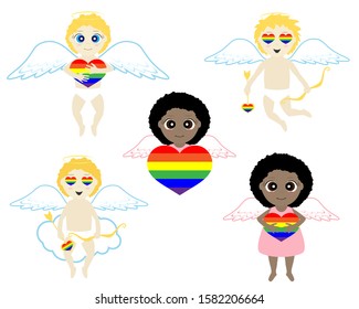 Cupid in lgbt love with bow and arrow, smiley face with heart-shaped eyes. Vector stock illustration. Valentine's day card for lgbt. African american and Light skin angel. 