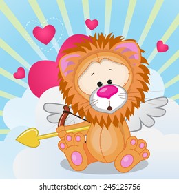 Cupid Lion with a bow on a background of clouds and hearts 