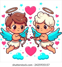 Cupid, little angels, god eros. Amur babies. St. Valentine's day design, contain hearts cute Greece kids, heart hunters romantic vector characters. Set for Valentine's Day funny cupid ready to shoot