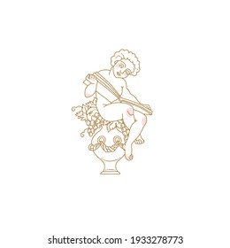 Cupid. A little boy with curls, a book, and a vase full of fruits. Rococo style. Linear, contour illustration. Fruit bouquet, antique decoration, beautiful sculpture. Line art clipart