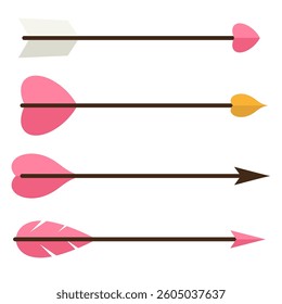 Cupid love arrows with feathers and tips of various shapes. Flat vector illustration isolated on white background.
