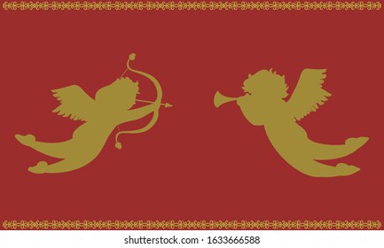 Cupid with love bow and arrow and cupid blowing love trumpet
Red and gold silhouette