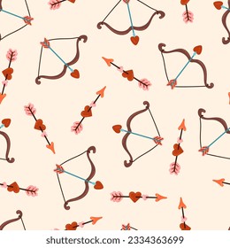Cupid love bow and arrow pierces Couple of hearts vector seamless pattern. Love, Valentines day, Romantic texture background