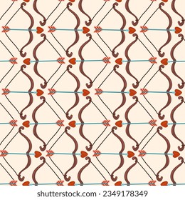 Cupid love bow and arrow pierces Couple of hearts vector seamless pattern. Love, Valentines day, Romantic texture background
