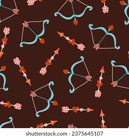 Cupid love bow and arrow pierces Couple of hearts vector seamless pattern. Love, Valentines day, Romantic texture background