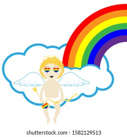 Cupid in love with bow and arrow, smiley face with heart-shaped eyes sitting on cloud with rainbow stylized from LGBT flag. Vector stock illustration. 