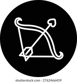 Cupid love bow vector symbol. White line art style isolated on black circle background. Perfect for app button or UI element.