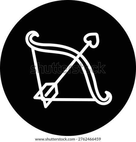 Cupid love bow vector symbol. White line art style isolated on black circle background. Perfect for app button or UI element.
