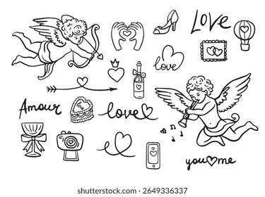 Cupido e elementos de amor ícone conjunto. Amor e dia dos namorados. Vetor isolado de imagem desenhada à mão em preto.