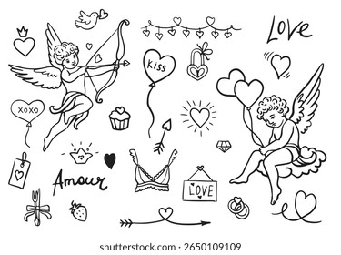 Cupido e elementos de amor ícone conjunto. Amor e dia dos namorados. Vetor isolado de imagem desenhada à mão em preto.