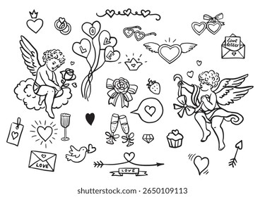 Cupido e elementos de amor ícone conjunto. Amor e dia dos namorados. Vetor isolado de imagem desenhada à mão em preto.