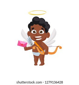 cupid with love letter and bow illustration. Kid, love, romantic, angel. Saint Valentines Day concept. Vector illustration can be used for topics like romantic, love, celebration, greeting card 
