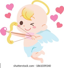 Cupid in love pulling a bow. Angel character. White background. vector.