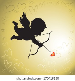 Cupid love. Vector illustration of the cupid silhouette and artistic hearts background. 