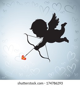 Cupid love. Vector illustration of the cupid silhouette and artistic hearts background.