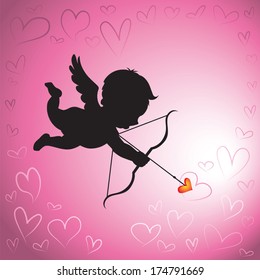 Cupid love. Vector illustration of the cupid silhouette and artistic hearts background. Valentine day cupid.