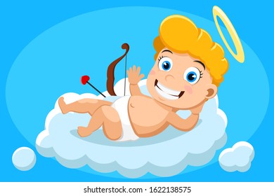 Cupid is lying on a cloud smiling and waving. Valentines day