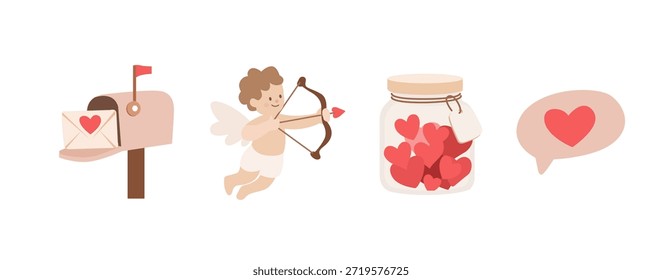 Cupido, caixa de correio com carta, mensagem, jarra com corações. Conjunto de ícones simples bonitos para o Dia dos Namorados. Ilustração vetorial.