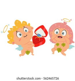 Cupid makes a proposal with a diamond engagement ring in box. Couple in love angels. The symbol of Valentine's Day. Cartoon vector illustration on a white background.