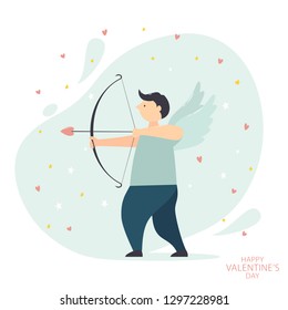 Cupid man with bow and arrow on blue background with hearts, illustration.