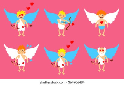 Cupid mascot in various positions.