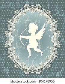 Cupid medallion with lace frame. EPS 10 illustration in grunge style.