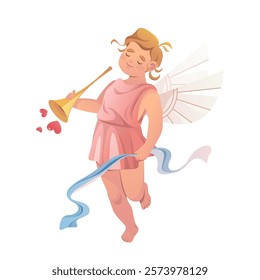 Cupid with musical instrument. Vector love angel clipart. Cartoon eros or loving cherub with wings and trumpet playing loving or sentiment song. Valentines day greeting card element. Romantic holiday.