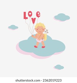 Cupido en una nube con globos.
