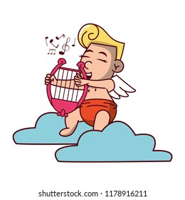 Cupid on cloud with harp