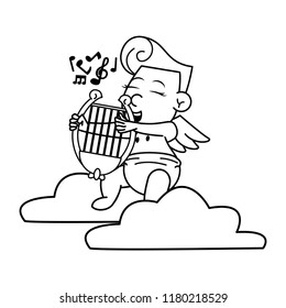 Cupid on cloud with harp in black and white