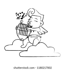 Cupid on cloud with harp sketch