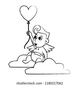 Cupid on cloud with heart shaped balloon sketch