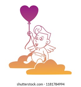 Cupid on cloud with heart shaped balloon rainbow lines