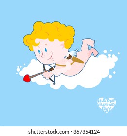 Cupid on cloud. Little angel in clouds with bow and arrow. Quiver and arrows. Sweet Valentine. Cupid with small arms. Character for romantic holiday world. Valentines Day February 14