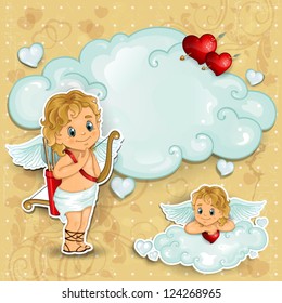 cupid on clouds with background aged-transparency blending effects and gradient mesh-EPS 10