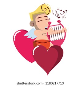 Cupid on hearts with harp