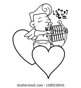 Cupid on hearts with harp in black and white