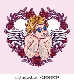 cupid on valentine's day wearing sunglasses shaped love heart inside love heart frame with spring flowers