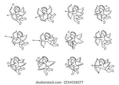 Cupid outline set. Valentine's day. Love symbol. Angel with a wings. Cherubs silhouette. Cupid shooting arrow.