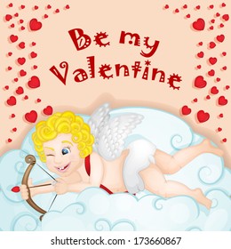 Cupid over cloud over heart background 