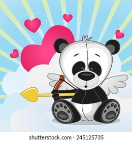 Cupid Panda with a bow on a background of clouds and hearts 