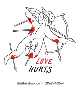cupid pierced by arrows,holding a bow and aiming.vector illustration in linear style,depicted on a white background.modern graphic design perfect for posters,bags,banners,stickers,tattoo,textille,etc