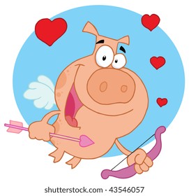 Cupid pig flying with hearts in blue circle