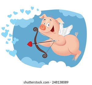 Cupid Pig Vector Funny Cartoon - Illustration of a sweet piggy flying in Valentine card concept 