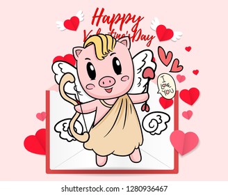 Cupid piglet cute cartoon ,hand drawn illustration Year of the pig ,Pink Pig Lover vector for Valentine day , Character design animal boy and girl on Valentine Concept. lovely Theme sweet idea. - 