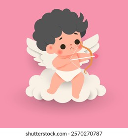 Cupid with pink wings, arrow, and red heart, blending love and fantasy, minimal design in cute vector style for Valentine's Day, romance, affection and love concepts, isolated icon on white background