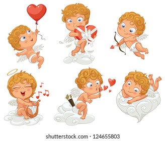 Cupid playfully lies on a cloud, flying in a balloon in the shape of heart, holding a box of chocolates, shoots a bow, playing music on the lyre, blow bubbles. Vector illustration. White background