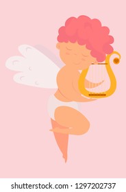 Cupid playing the harp,Angel plays a romantic melody,Valentine's Day,Vector image, cartoon character