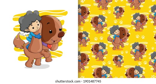 The cupid is playing with the little puppy with the long ears in the set pattern of illustration