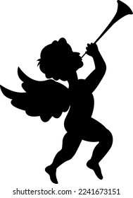 Cupid toca la trompeta. Silhouette. Símbolo de amor, boda y día de San Valentín. Romance.